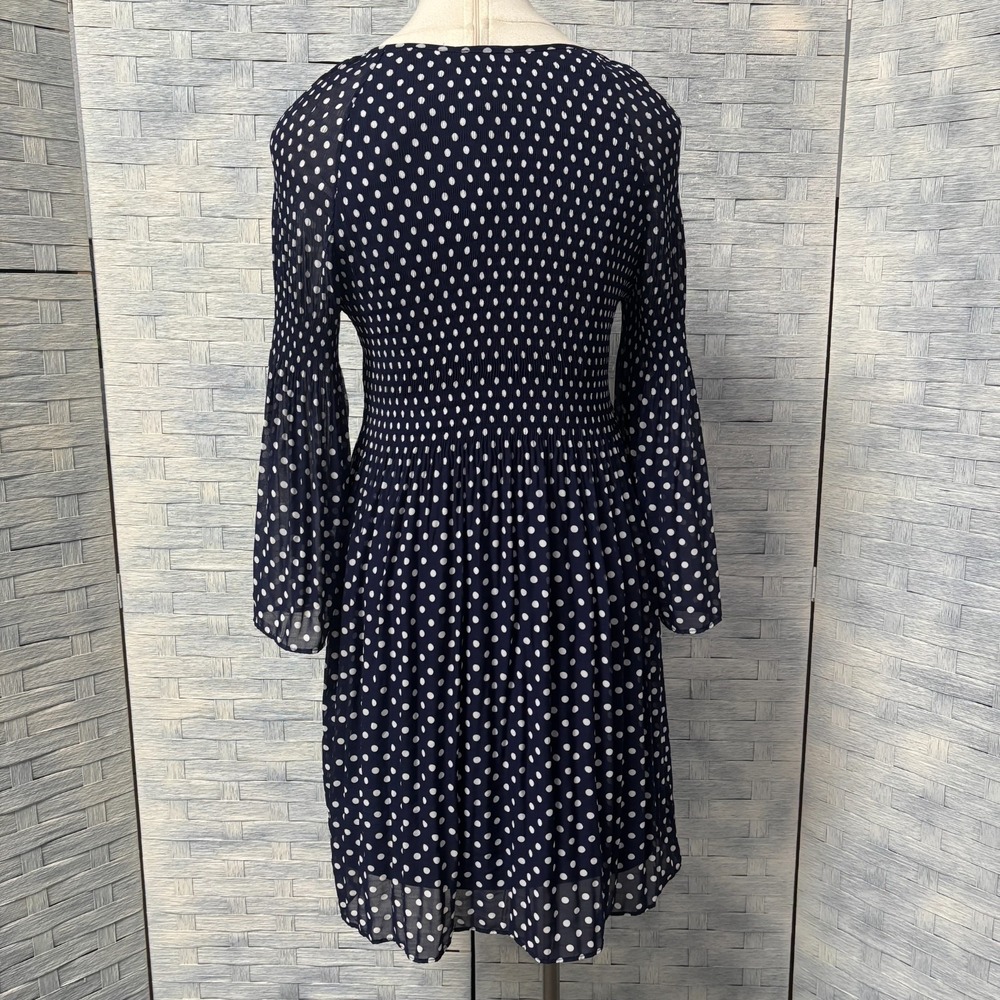 Robert Louis Navy Polka Dot PXL Pleated Bell Sleeve V Neck Midi Whimsigoth Retro - Picture 4 of 9